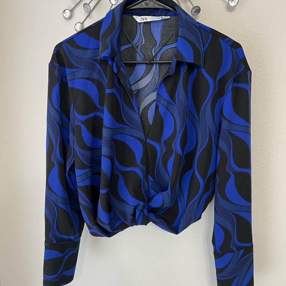 Zara Blue and Black Long Sleeve Wrap Blouse